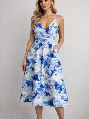 MOSSMAN BLUE WHITE FLORAL PRINT DRESS SZ MEDIUM